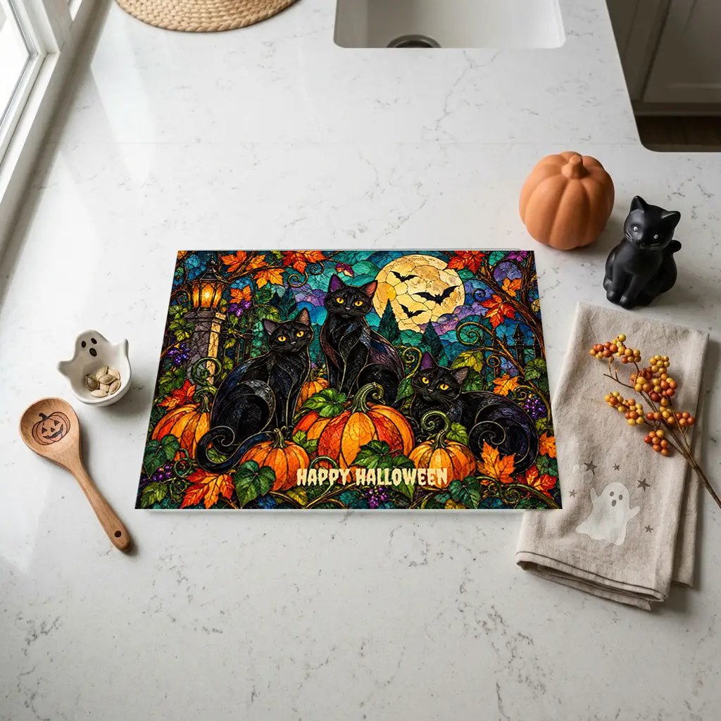 Halloween Black Cats Personalized Glass Cutting Board, Spooky Pumpkin Kitchen Decor