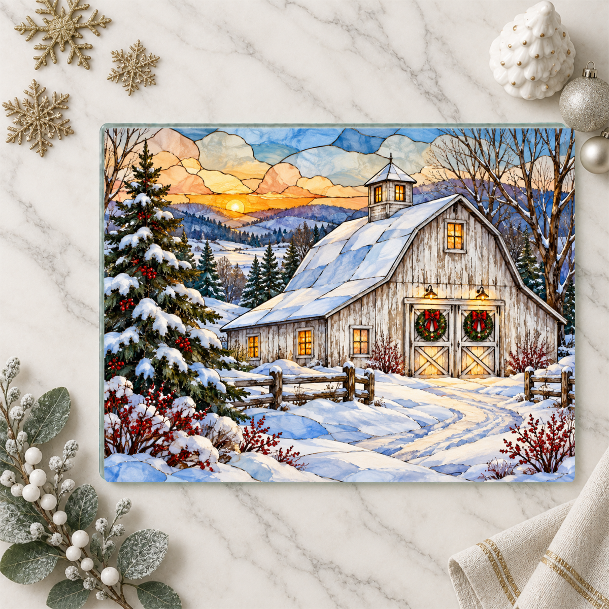 Personalized Winter Barn Cutting Board, Country Farmhouse Kitchen Decor, Stained Glass Farm Scene, Rustic Christmas Gift, Custom Family Gift