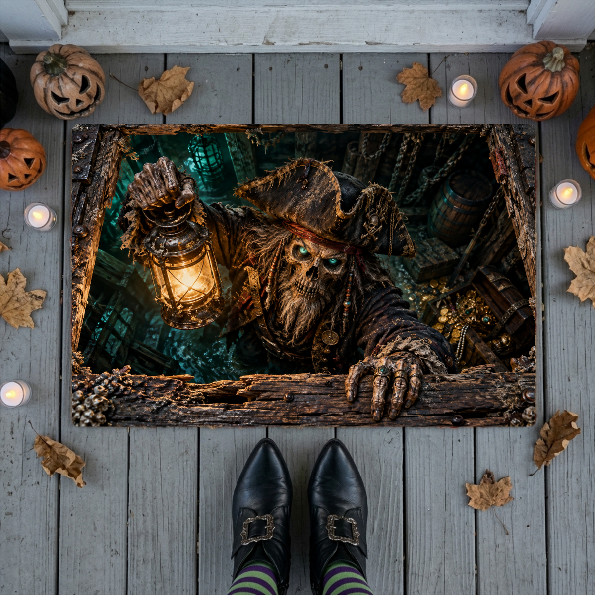 Pirate Doormat, Ghost Ship 3D Optical Illusion Door Mat, Haunted Pirate Halloween Mat, Skeleton Pirate Porch Decor, Spooky Welcome Mat