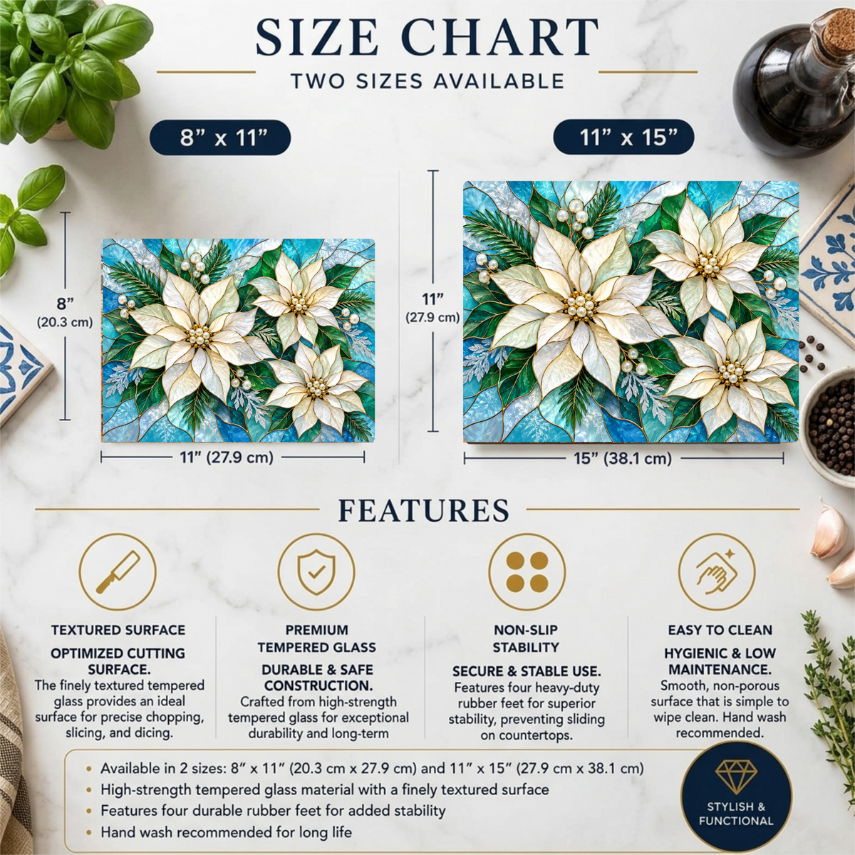 Winter Poinsettia Glass Cutting Board, Holiday Kitchen Decor, Floral Serving Board, Christmas Hostess Gift, Seasonal Home Accent Gift