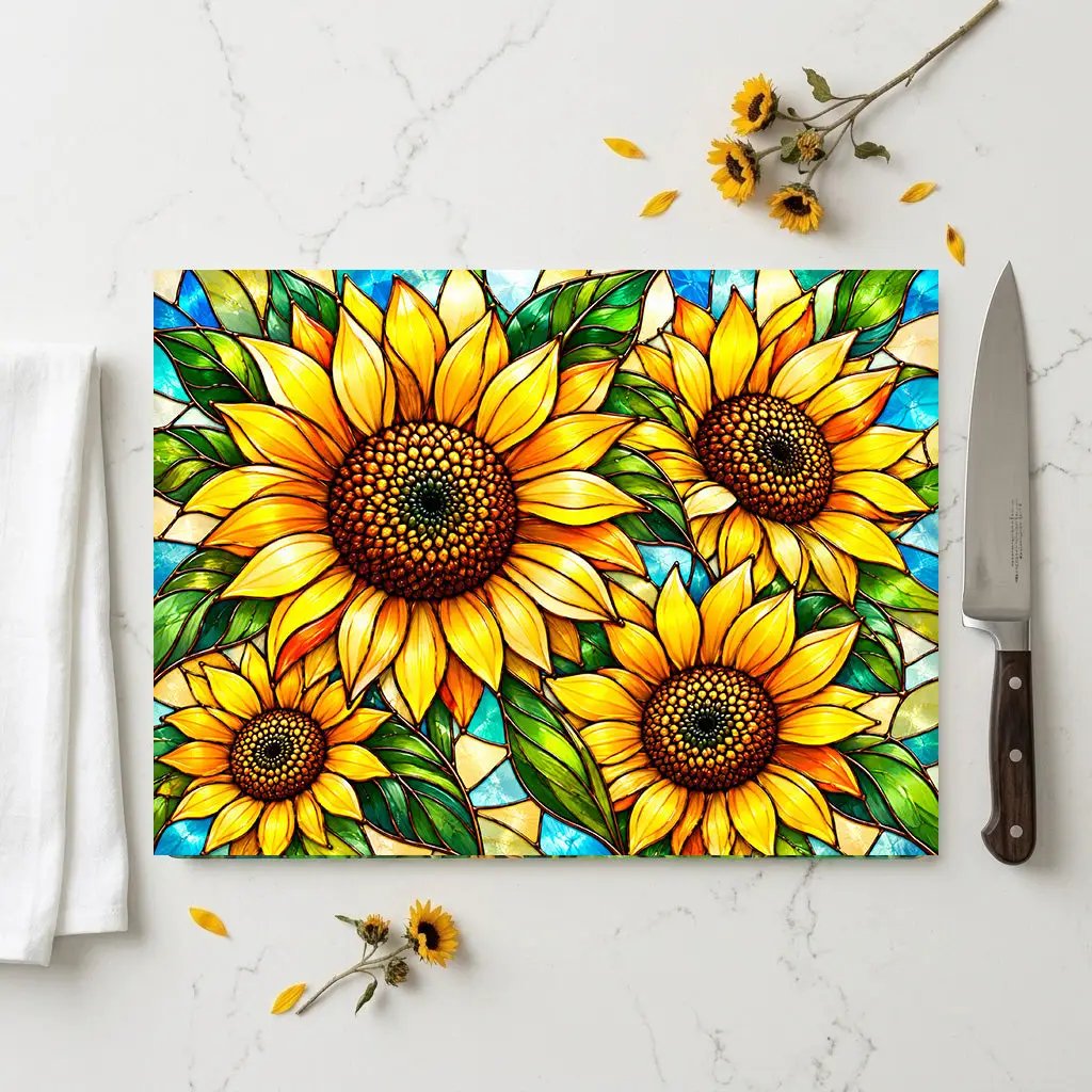 Sunflower Glass Cutting Board, Bold Floral Kitchen Decor, Stained Glass Sunflower Art, Yellow Flower Cutting Board, Sunflower Lover Gift