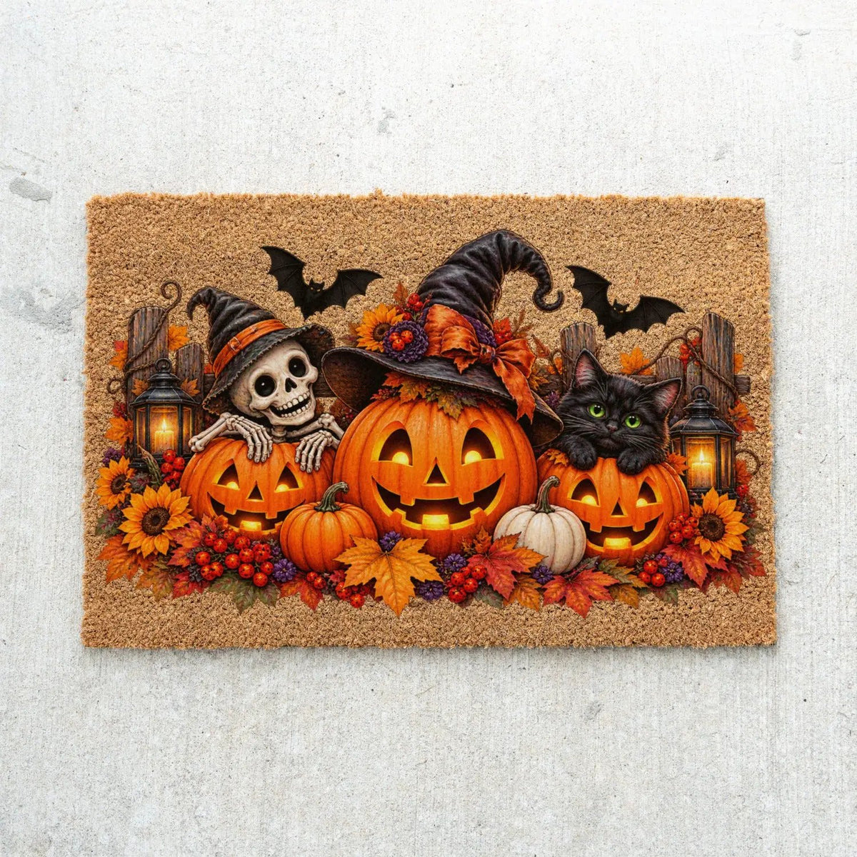 Halloween Doormat, Pumpkin Cat Skeleton Coir Mat, Spooky Fall Welcome Mat, Witch Pumpkin Door Mat, Halloween Porch Decor