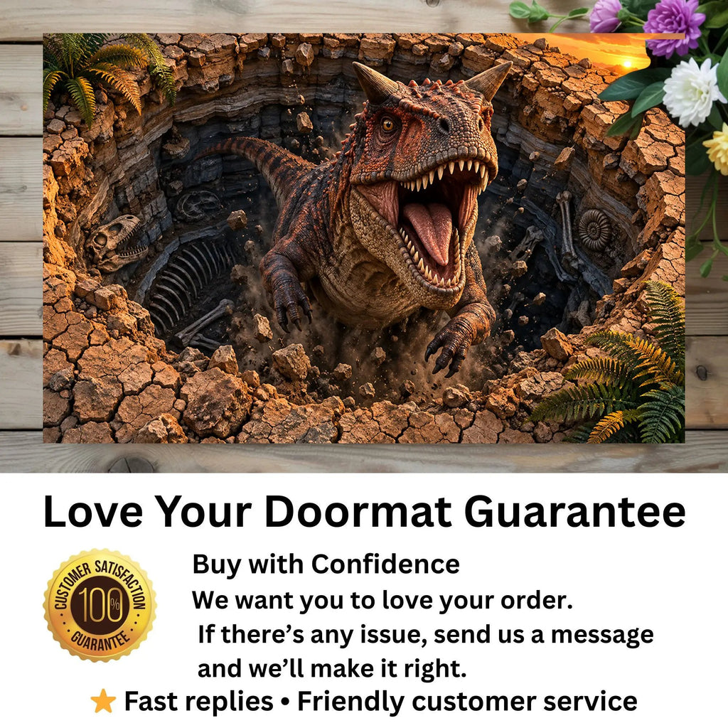 Carnotaurus 3D Optical Illusion Doormat, Dinosaur Fossil Pit Floor Mat, Prehistoric Dinosaur Door Mat, Dino Lover Gift