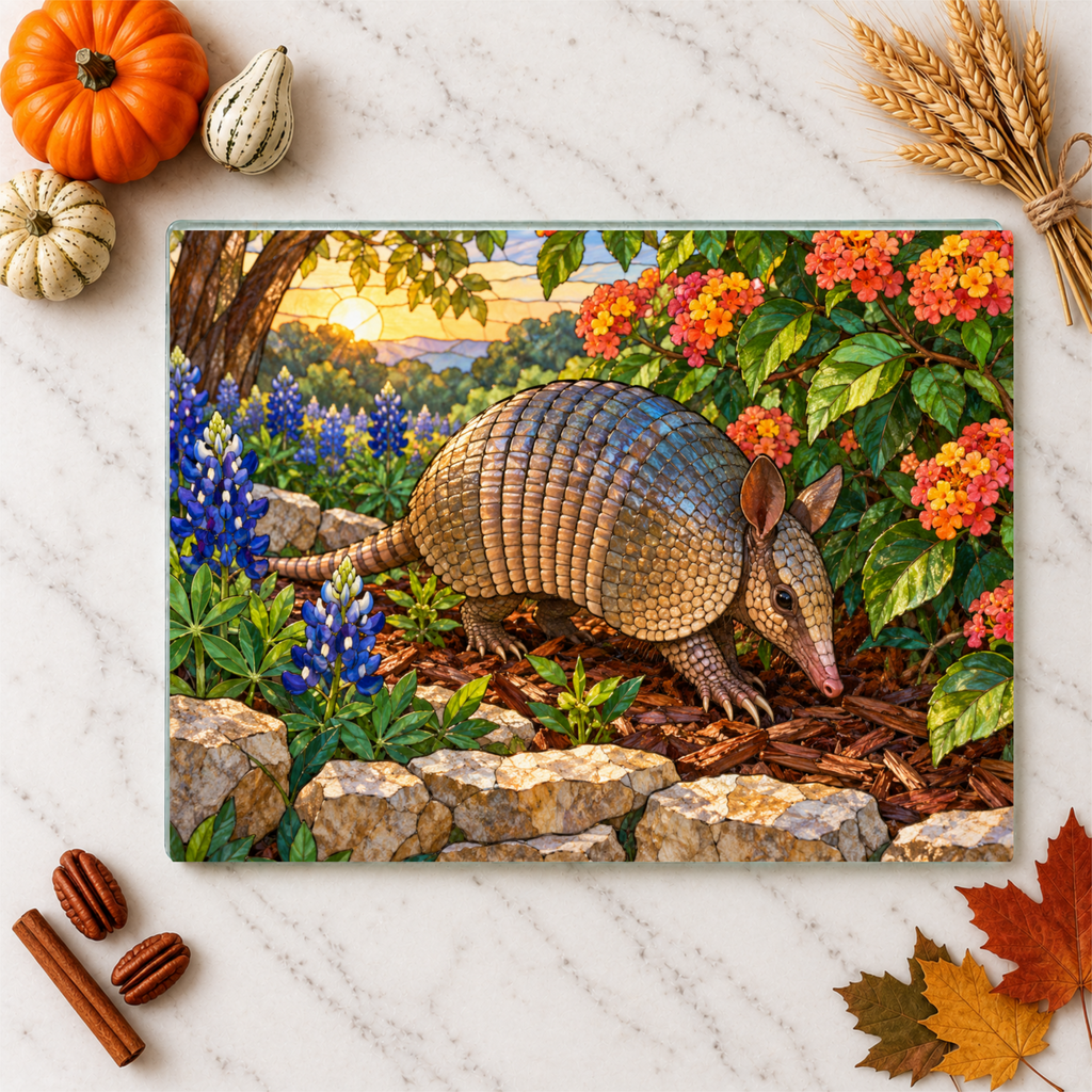 Armadillo Glass Cutting Board, Texas Kitchen Decor, Bluebonnet Armadillo Gift, Stained Glass Style Wildlife Art, Texas Housewarming Gift