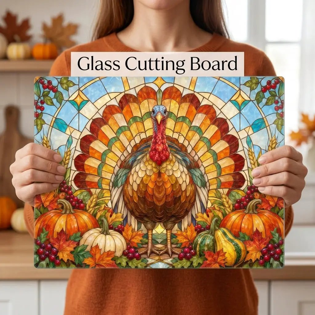 Thanksgiving Turkey Glass Cutting Board, Stained Glass Turkey Kitchen Decor, Fall Harvest Chopping Board, Thanksgiving Gift