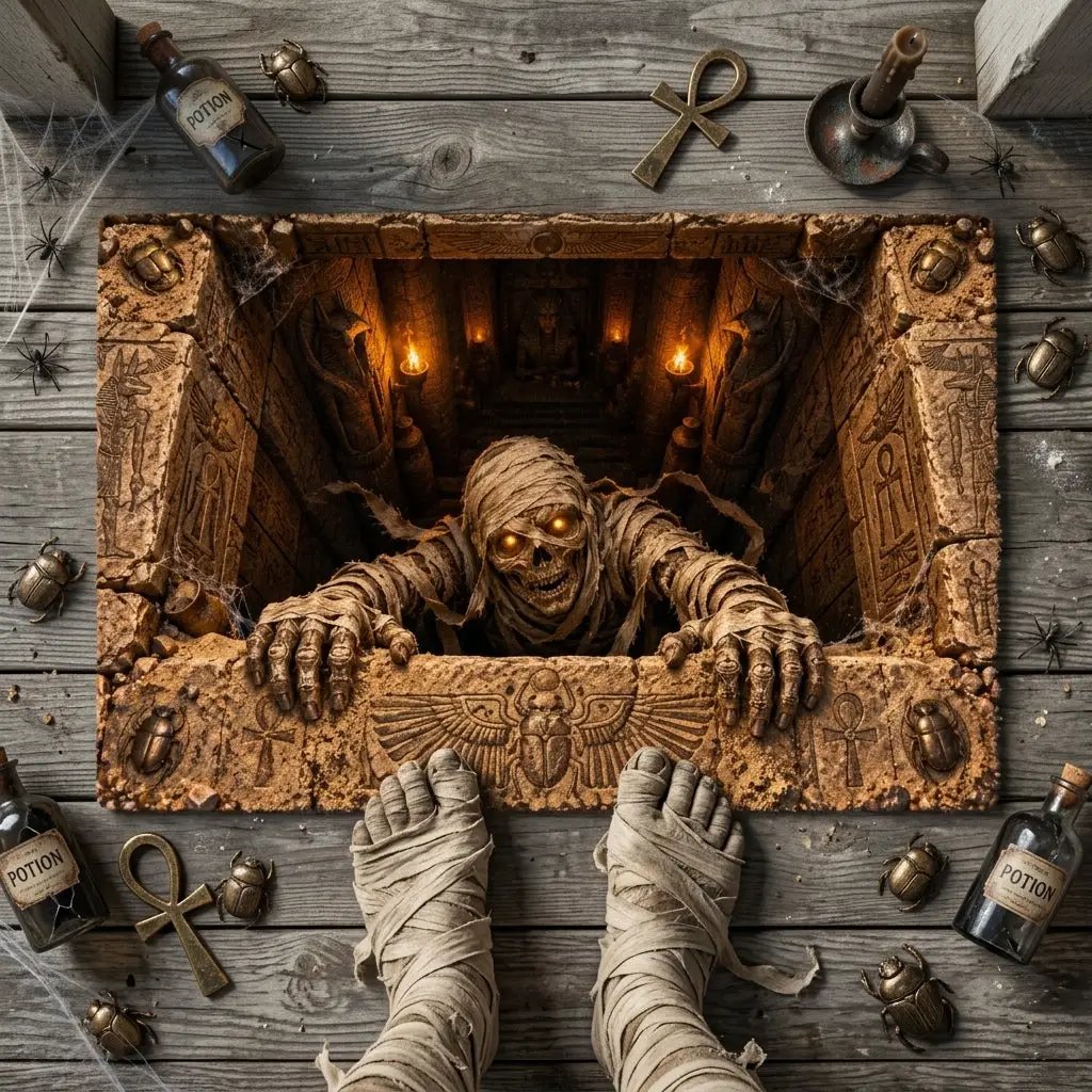 Mummy Halloween Doormat, 3D Egyptian Tomb Optical Illusion Mat, Creepy Mummy Door Mat, Haunted Halloween Porch Decor