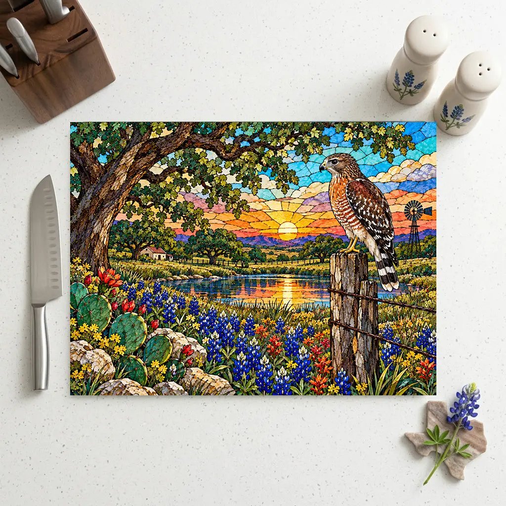 Red Shouldered Hawk Glass Cutting Board, Texas Wildlife Kitchen Decor, Bluebonnet Hawk Art, Bird Lover Gift, Rustic Texas Gift