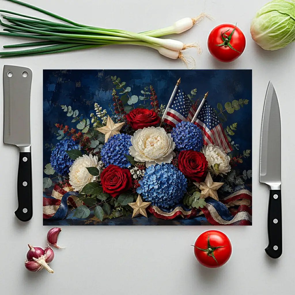 Patriotic Floral Cutting Board, American Flag Glass Cutting Board, Red White Blue Kitchen Decor, Americana Gift, 4th of July Decor