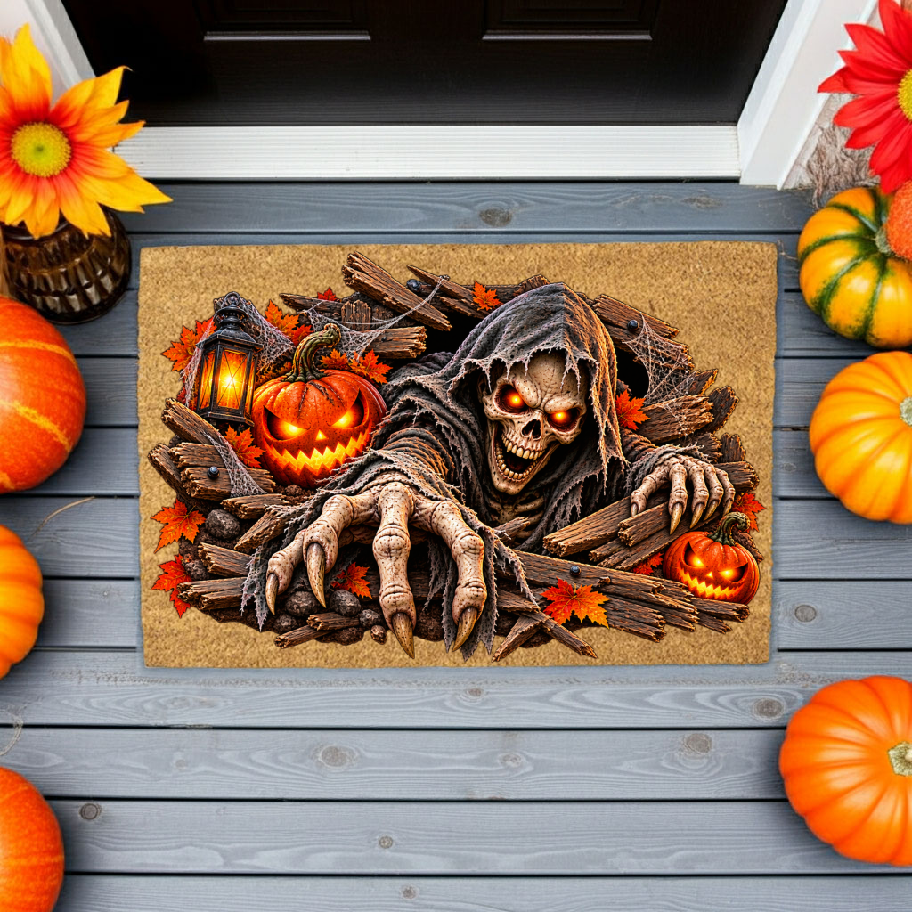 Horror Skeleton Doormat, Grim Reaper Halloween Coir Mat, Creepy Skeleton Welcome Mat, Scary Pumpkin Porch Decor, Haunted Door Mat