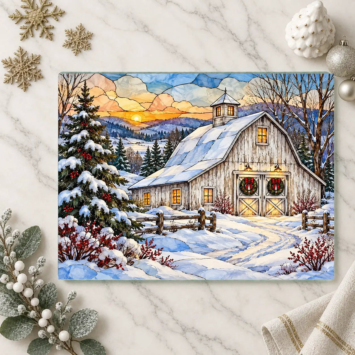 White Barn Glass Cutting Board, Christmas Farmhouse Decor, Winter Country Kitchen, Rustic Holiday Gift, Snowy Barn Christmas Decor