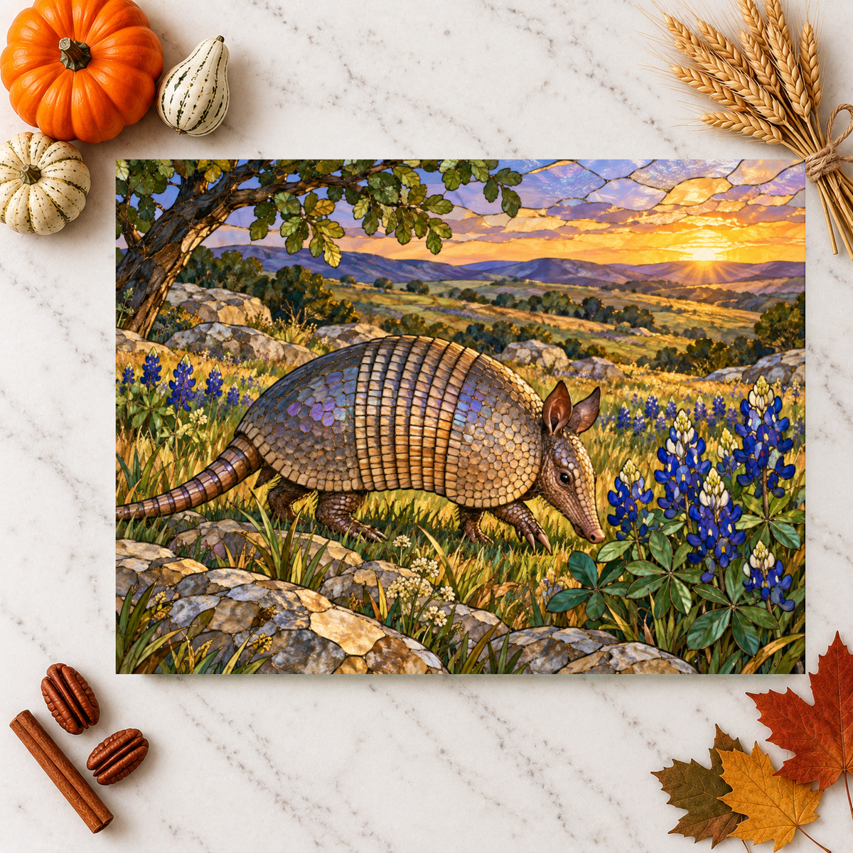 Texas Armadillo Glass Cutting Board, Bluebonnet Kitchen Decor, Wildlife Chopping Board, Southwestern Countryside Kitchen Gift, 2 Sizes