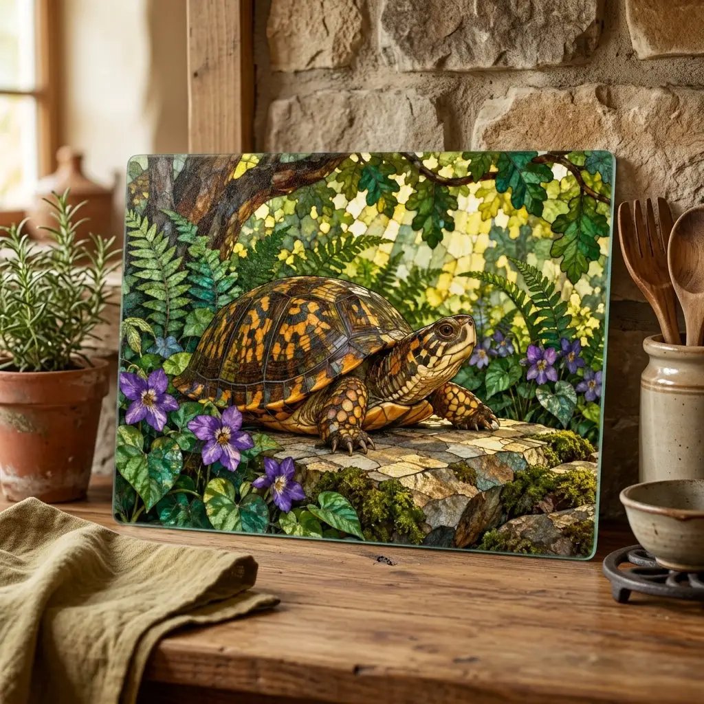 Box Turtle Cutting Board, Woodland Nature Kitchen Decor, Tempered Glass Chopping Board, Turtle Lover Gift, Forest Animal Kitchen Art