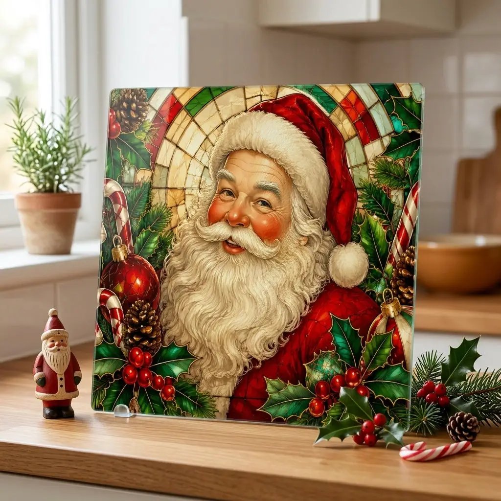 Vintage Santa Glass Cutting Board, Stained Glass Christmas Decor, Santa Claus Kitchen Decor, Holiday Serving Board, Christmas Gift