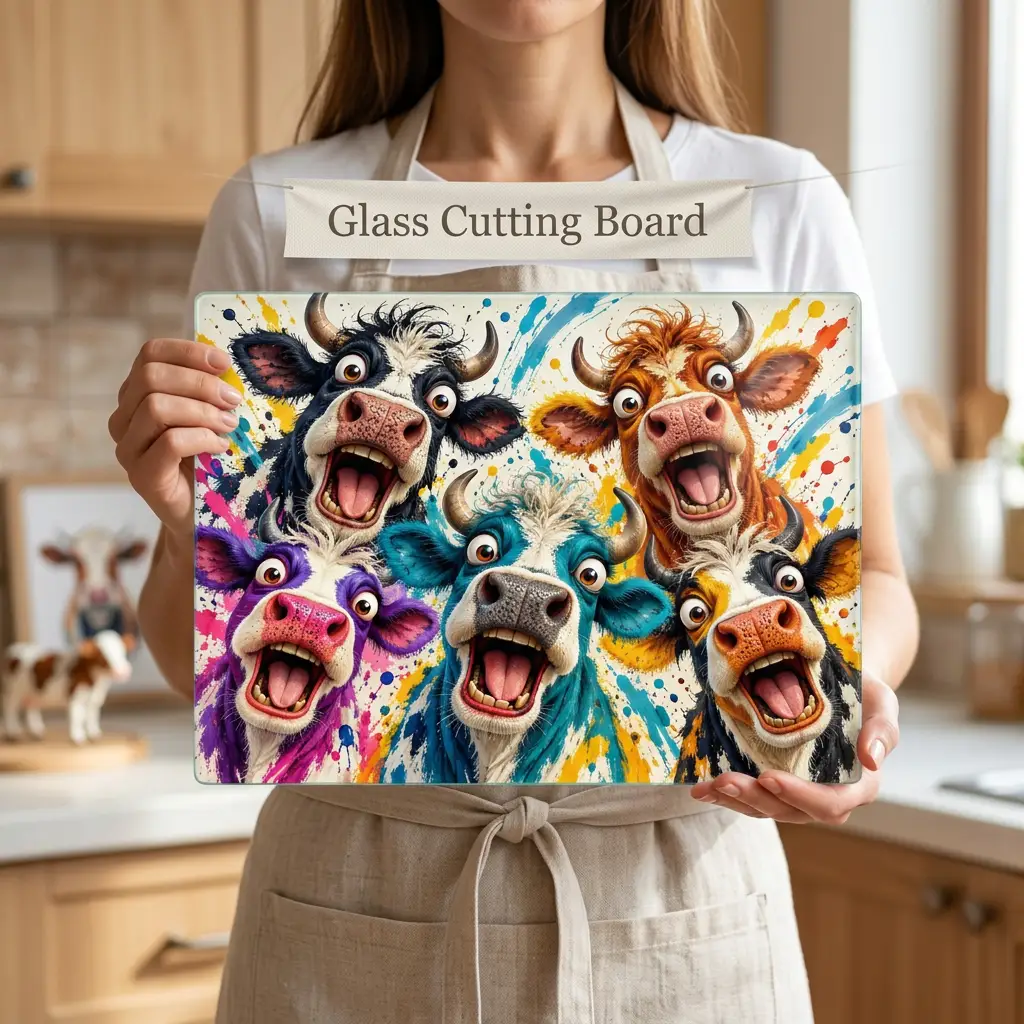 Screaming Cow Cutting Board, Funny Cow Glass Cutting Board, Colorful Cow Kitchen Decor, Farm Animal Gift, Cow Lover Gift