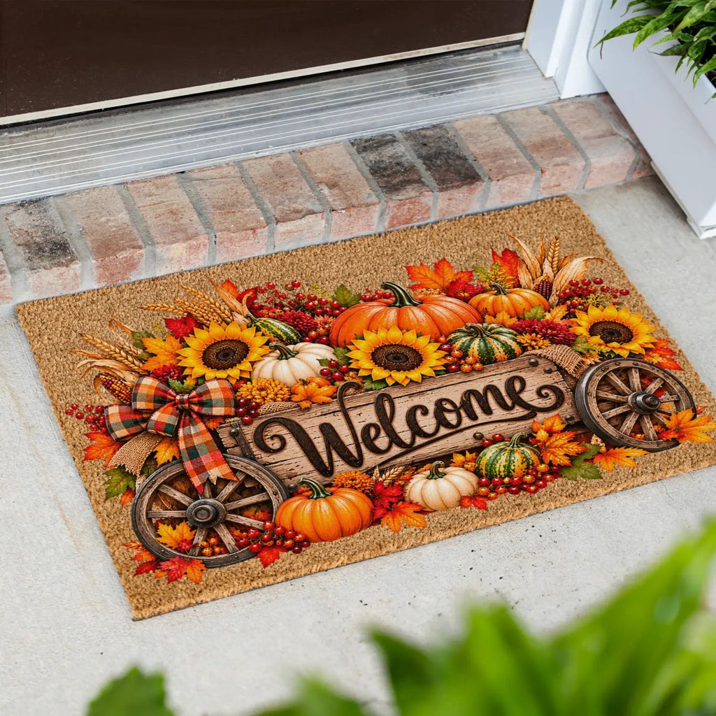 Harvest Wagon Welcome Doormat, Fall Coir Door Mat, Pumpkin Sunflower Welcome Mat, Autumn Farmhouse Porch Decor, Thanksgiving Doormat