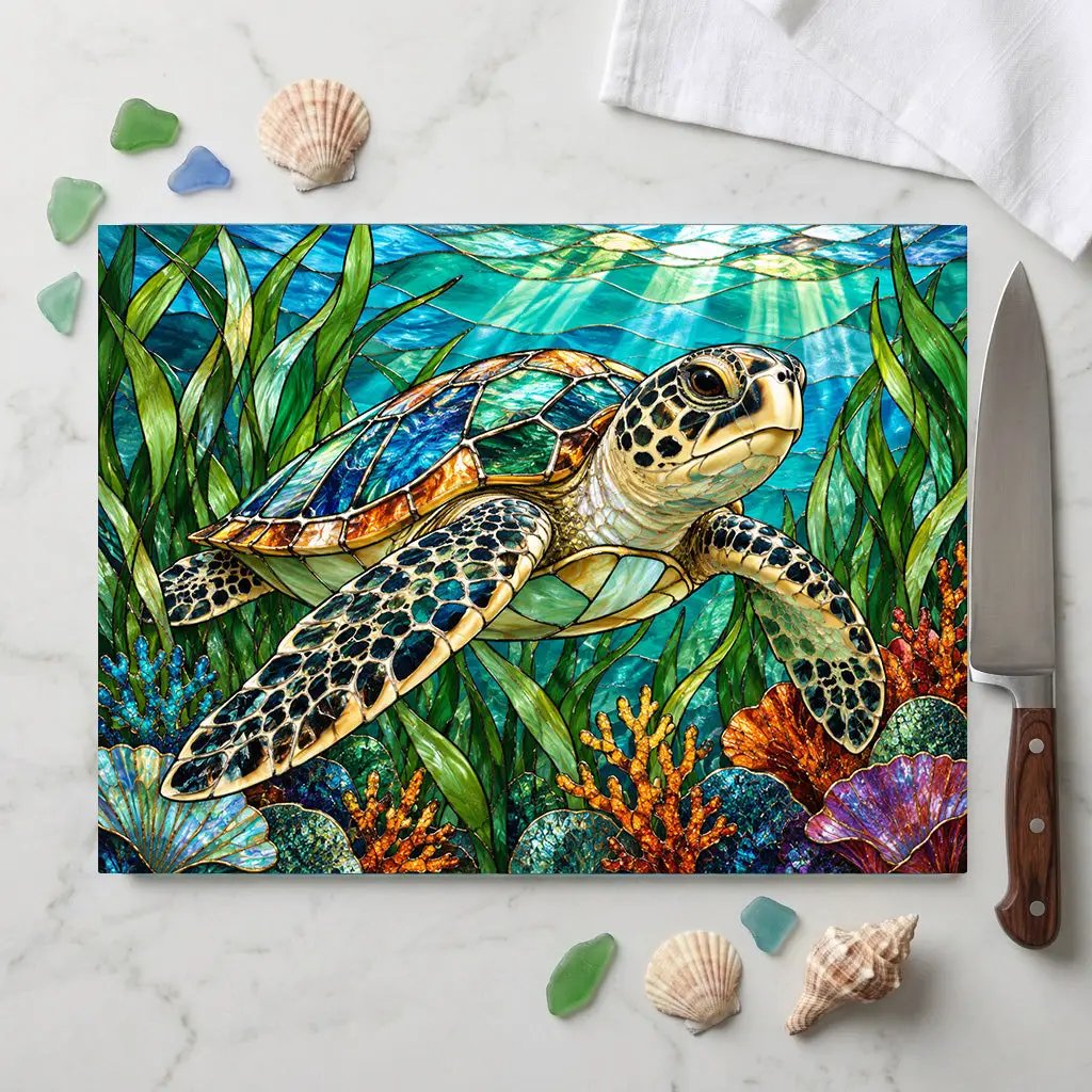 Sea Turtle Glass Cutting Board, Ocean Kitchen Decor, Marine Life Chopping Board, Coastal Cooking Gift, Underwater Turtle Artwork, Coral Reef