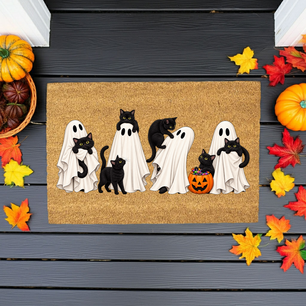 Halloween Black Cat Doormat, Cute Ghost Welcome Mat, Funny Cat Halloween Decor, Spooky Fall Porch Decor, Cat Lover Gift, Coir Door Mat