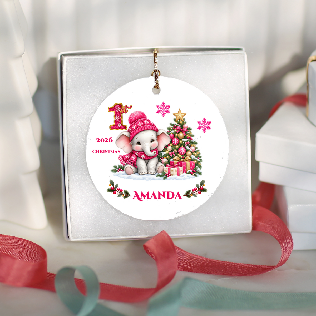 Elephant Baby Personalized Christmas Ornament Pink, Baby's 1st 2nd 3rd Christmas, Custom Name Year Ceramic Keepsake, Girl Gift