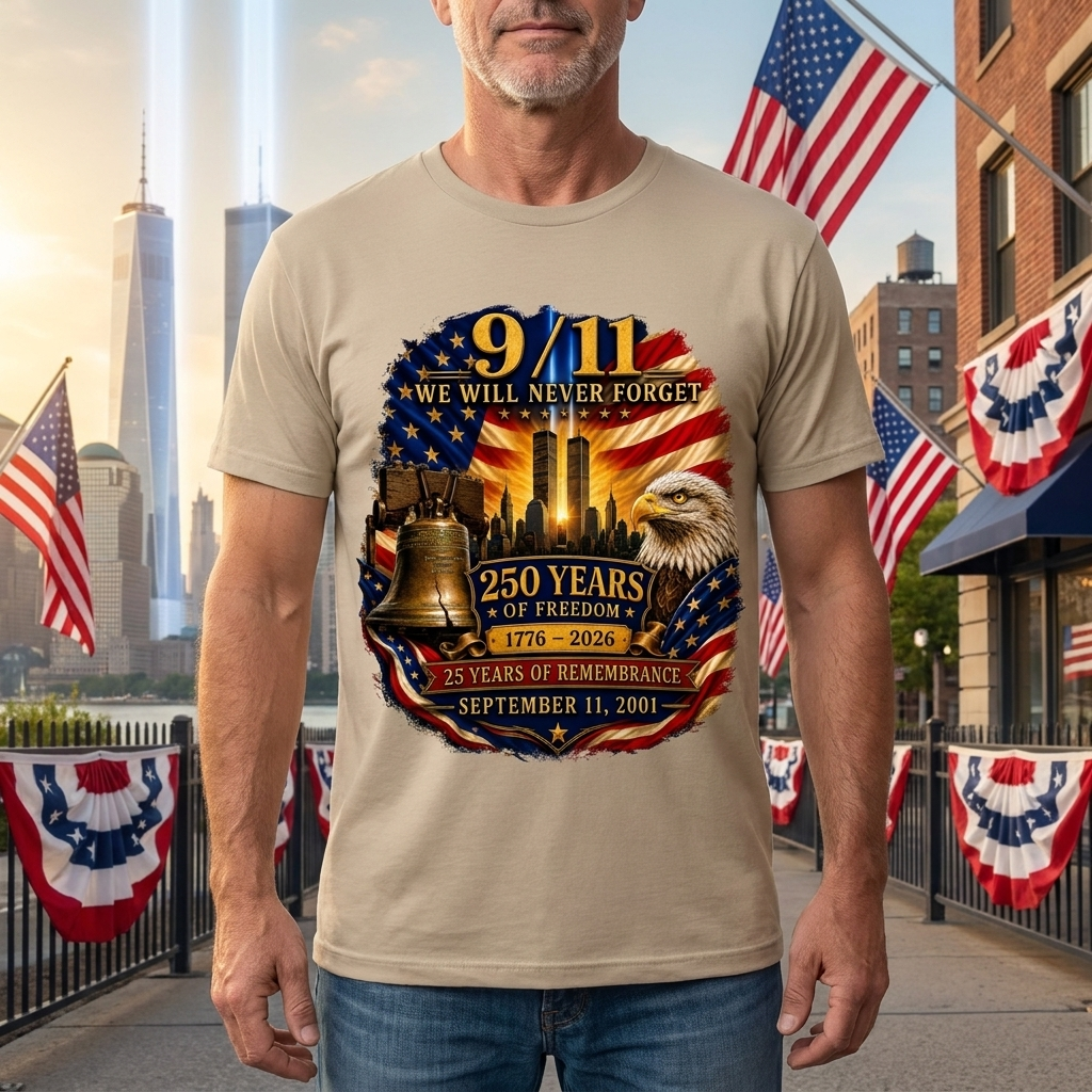 9/11 Memorial Shirt 25th Anniversary, Never Forget T-Shirt, 250 Years of Freedom 1776-2026, September 11 Remembrance Patriotic Tee