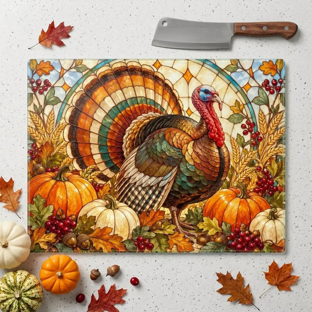 Thanksgiving Turkey Glass Cutting Board, Fall Harvest Kitchen Decor, Pumpkin Turkey Chopping Board, Thanksgiving Hostess Gift