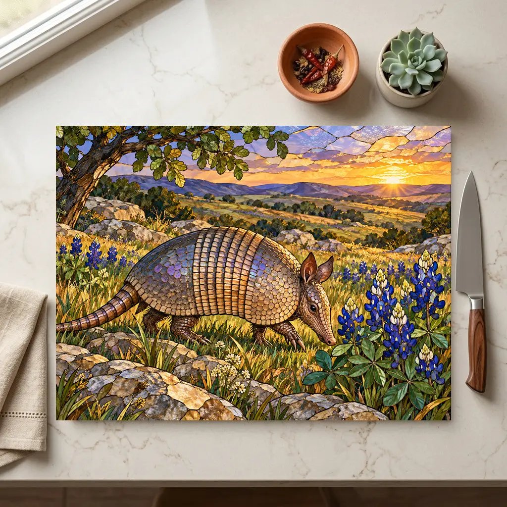 Texas Armadillo Glass Cutting Board, Bluebonnet Kitchen Decor, Wildlife Chopping Board, Southwestern Countryside Kitchen Gift, 2 Sizes
