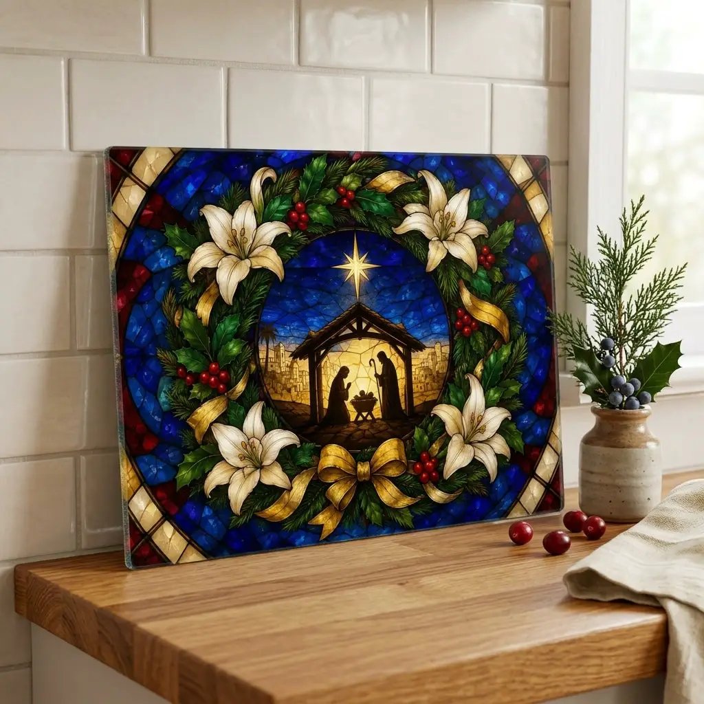 Nativity Glass Cutting Board, Stained Glass Christmas Decor, Holy Family Christian Kitchen Gift, Religious Christmas Cutting Board