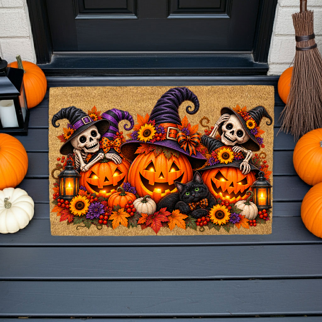Halloween Skeleton Doormat, Jack O Lantern Coir Mat, Skeleton & Black Cat Welcome Mat, Spooky Fall Porch Decor, Halloween Door Mat