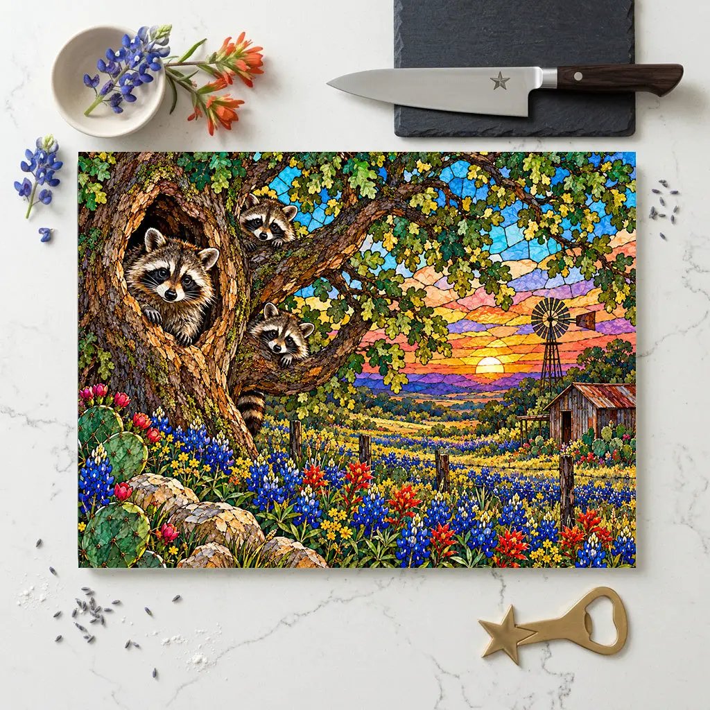 Raccoon Family Glass Cutting Board, Raccoon Lover Gift, Texas Bluebonnet Kitchen Decor, Country Wildlife Cutting Board, Rustic Farmhouse Gift