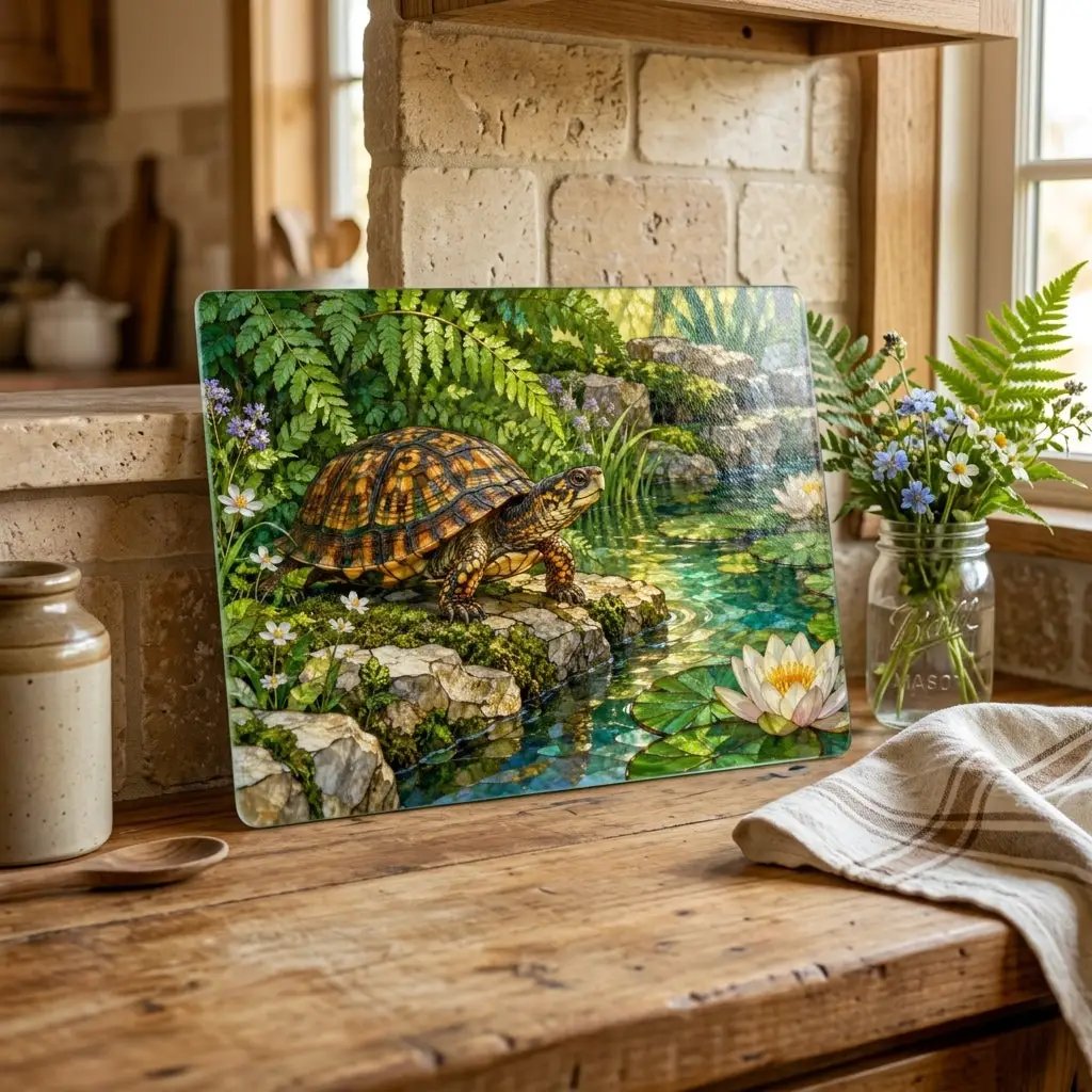 Box Turtle Glass Cutting Board, Pond Nature Kitchen Decor, Reptile Lover Gift, Wildlife Chopping Board, Decorative Tempered Glass Board