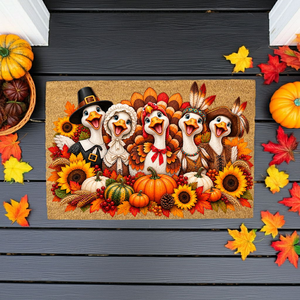 Thanksgiving Goose Doormat, Pilgrim Geese Welcome Mat, Funny Thanksgiving Porch Decor, Fall Coir Doormat, Harvest Front Door Mat