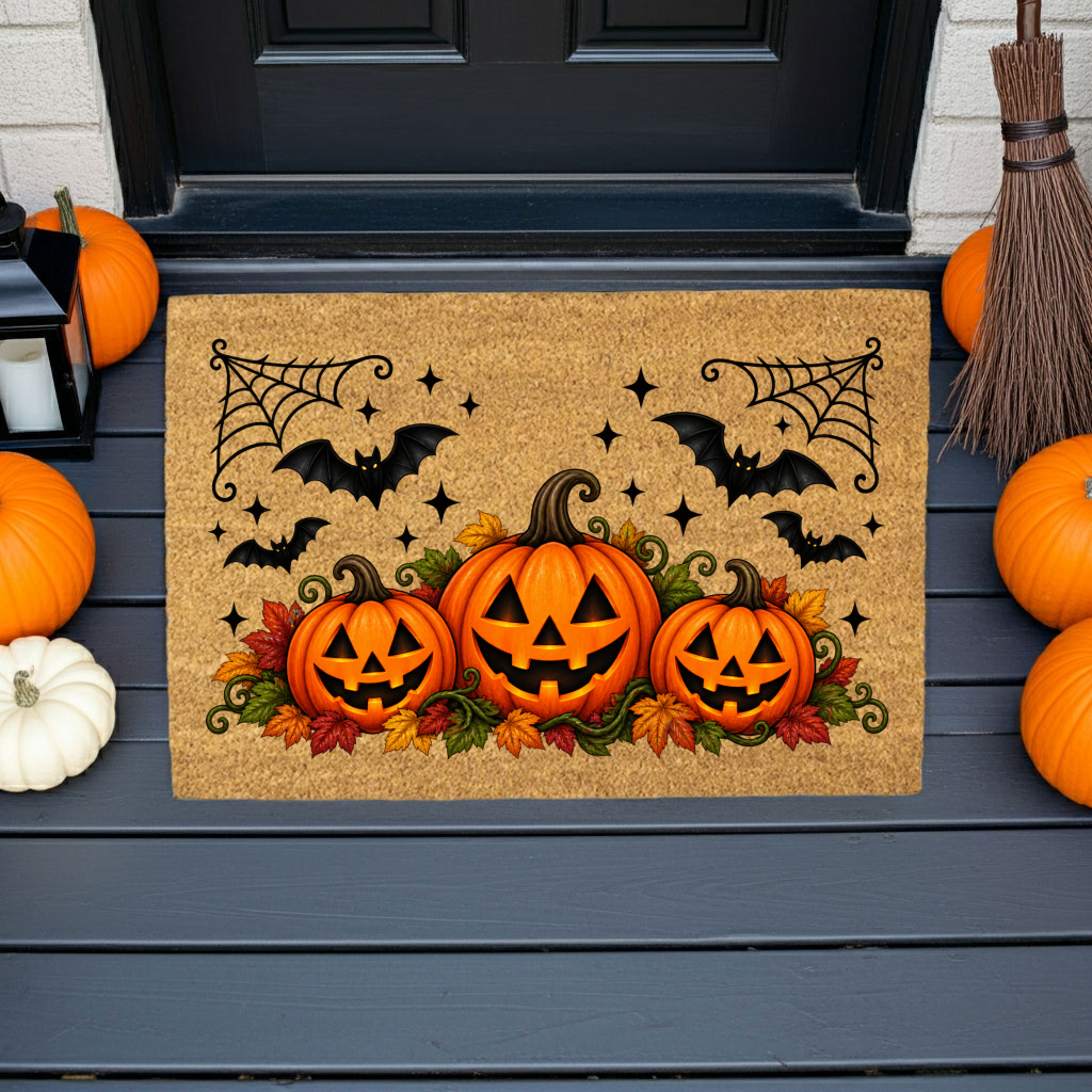 Halloween Pumpkin Doormat, Jack O Lantern Coir Welcome Mat, Fall Front Porch Decor, Spooky Bat Door Mat, Autumn Halloween Entryway