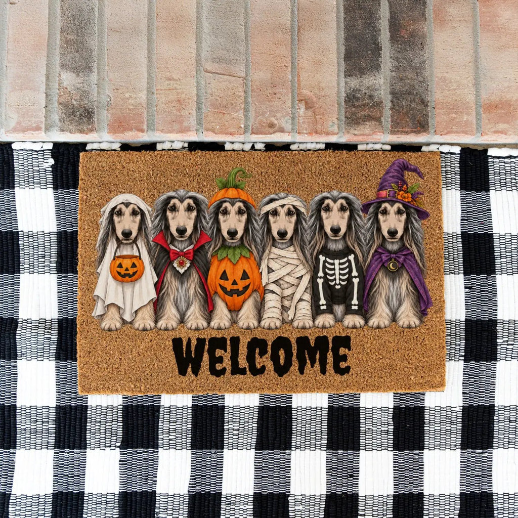 Dog Breed Personalized Halloween Costume Doormat, Custom Dog Welcome Mat, Halloween Coir Doormat, Family Name Dog Lover Gift