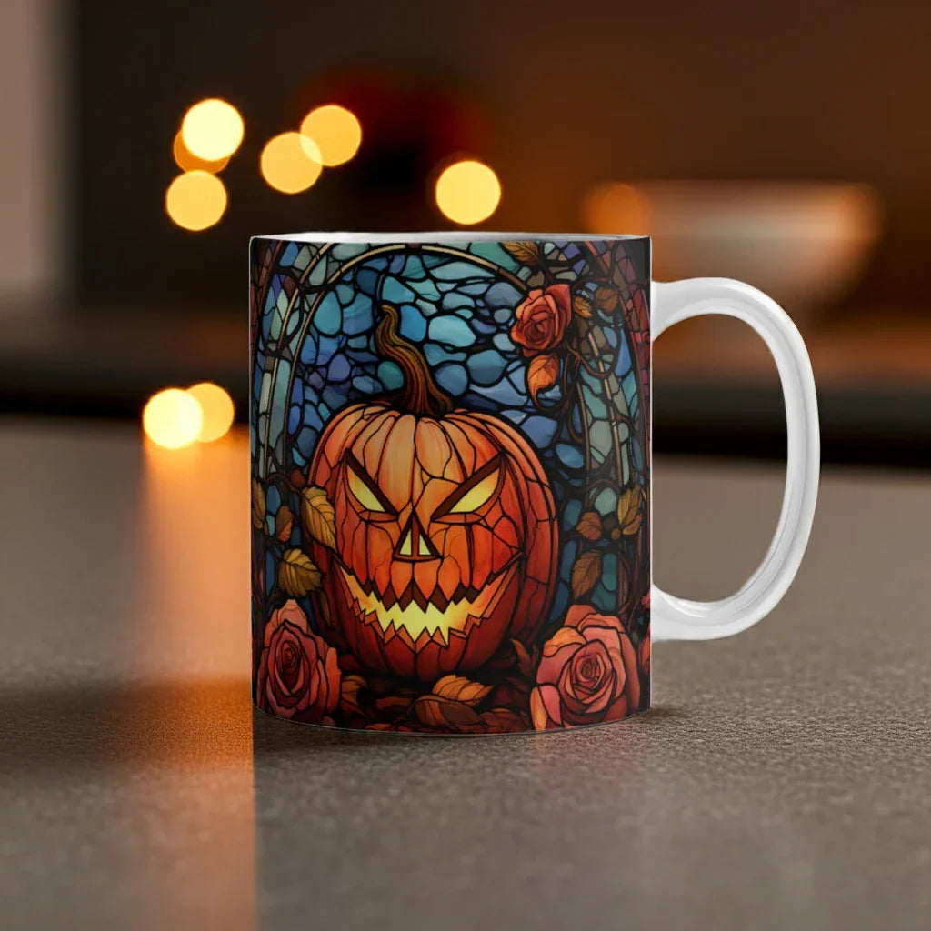 Stained Glass Pumpkin Halloween Mug – Vibrant Jack-O'-Lantern Coffee Cup | Fall Drinkware
