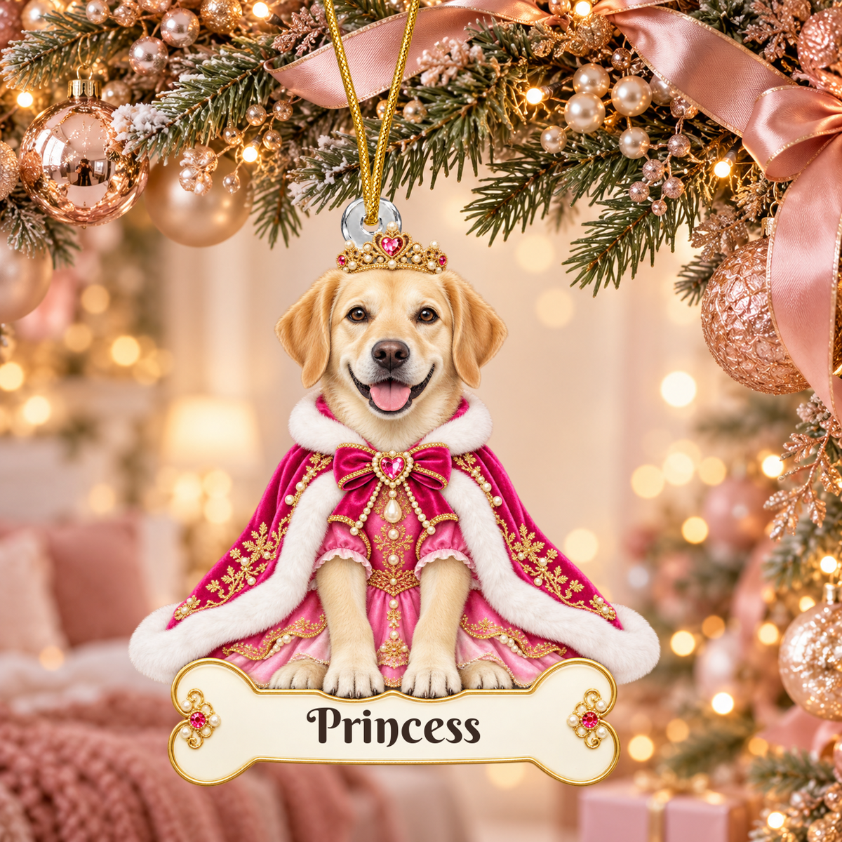 Personalized Princess Dog Ornament from Photo, Custom Pet Portrait Acrylic Cutout, Pink Royal Puppy Christmas Ornament, Dog Mom Gift