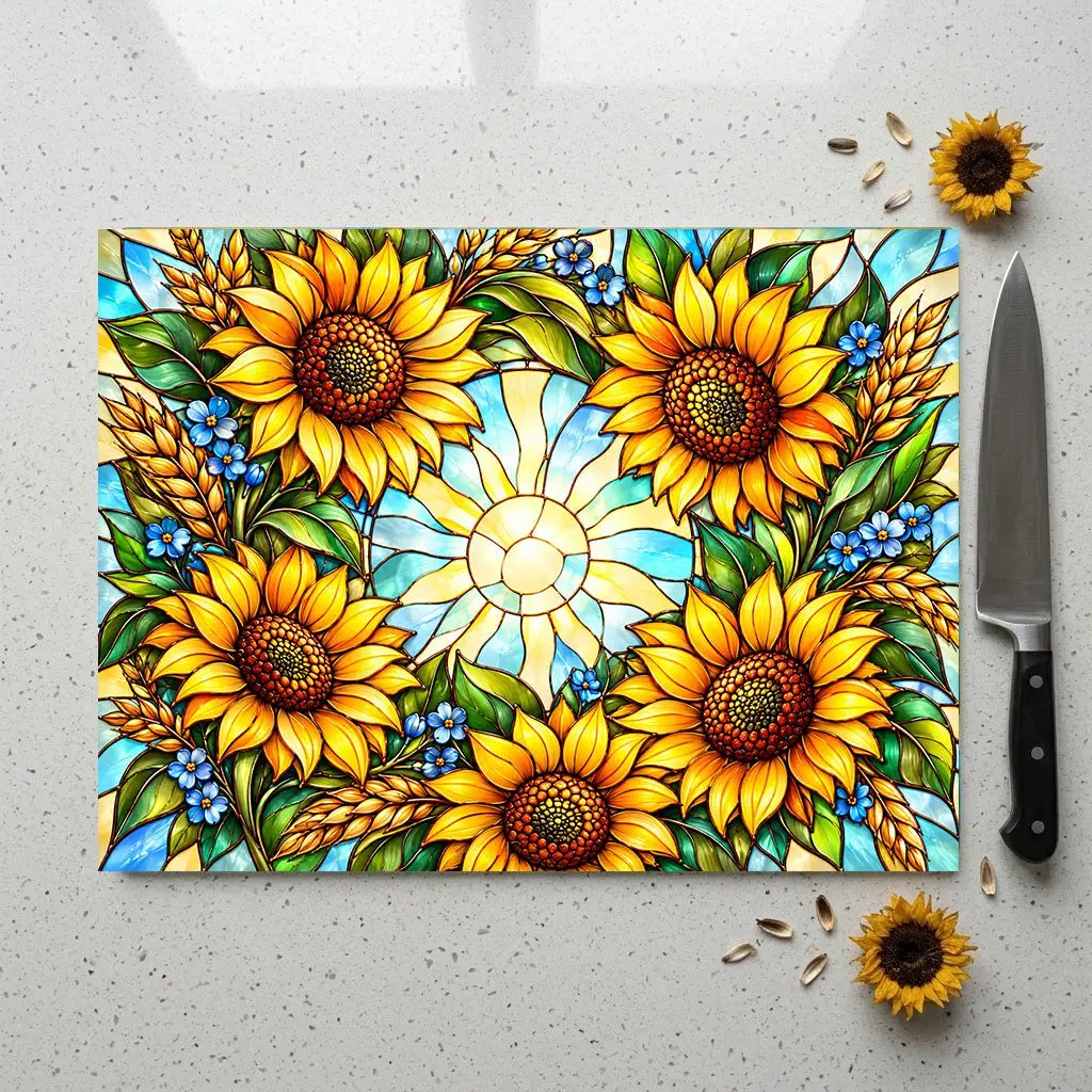 Sunflower Glass Cutting Board, Stained Glass Sunflower Wreath, Floral Kitchen Decor, Yellow Flower Gift, Cheerful Kitchen Art