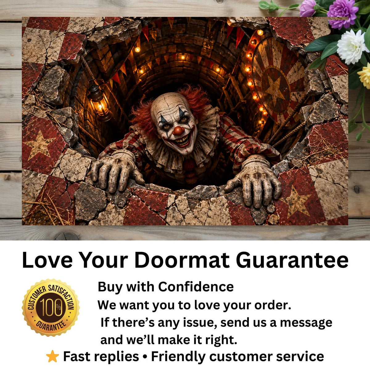 Creepy Clown Halloween Doormat,3D Scary Clown Optical Illusion Mat, Haunted Circus Door Mat, Horror Halloween Porch Decor