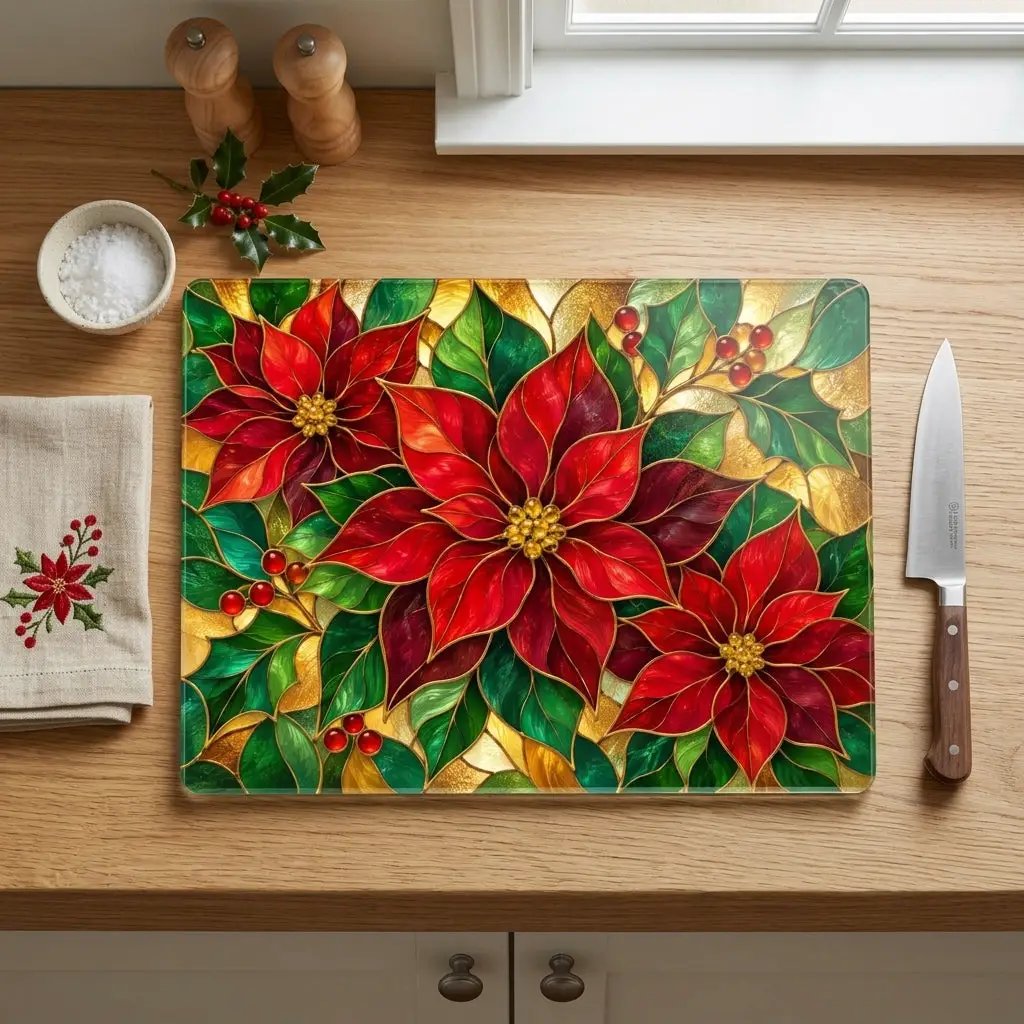 Christmas Poinsettia Glass Cutting Board, Holiday Kitchen Decor, Red Poinsettias and Holly, Festive Chopping Board, Seasonal Gift Idea
