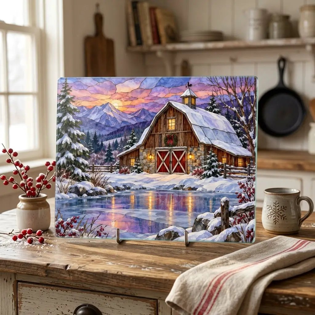 Evergreen Winter Barn Glass Cutting Board, Country Farmhouse Kitchen Decor, Snowy Mountain Barn Christmas Gift