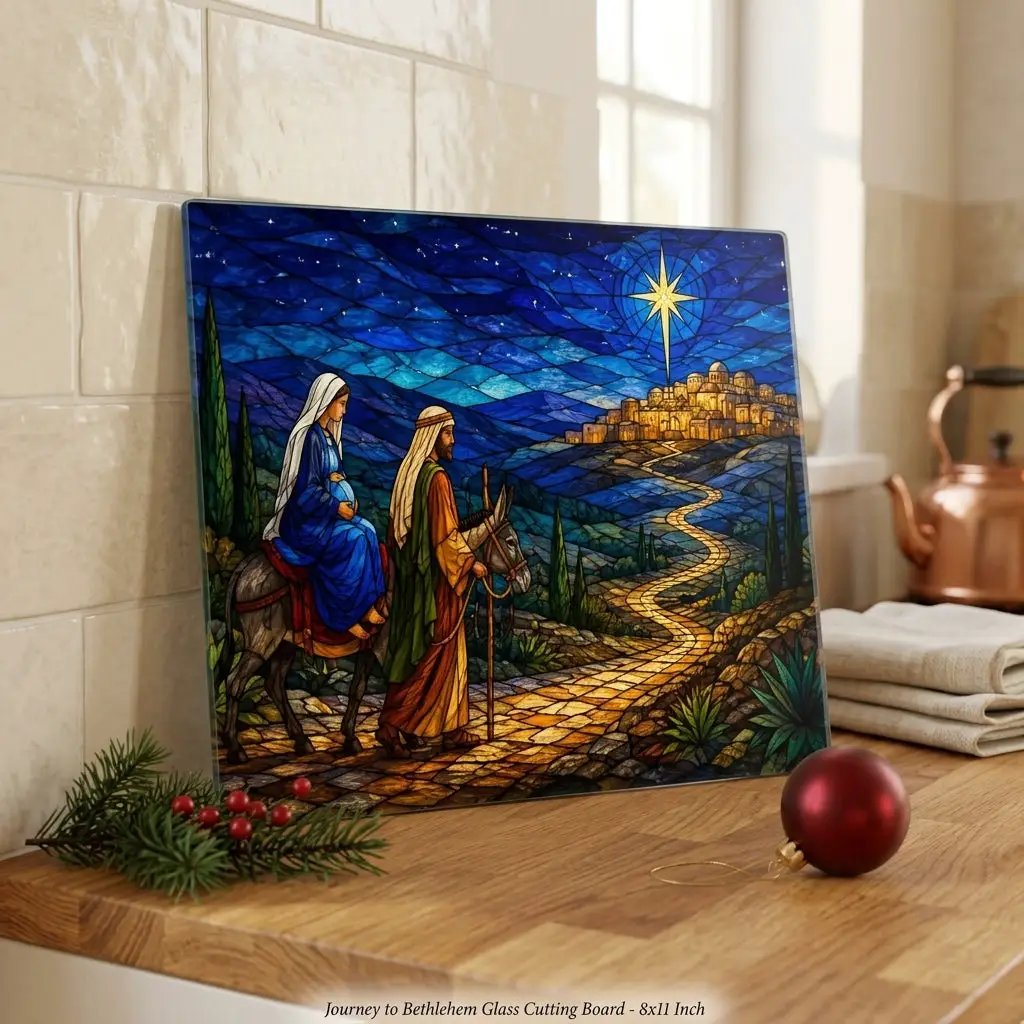 Road to Bethlehem Glass Cutting Board, Christian Christmas Gift, Mary and Joseph Nativity Decor, Religious Christmas Kitchen Decor