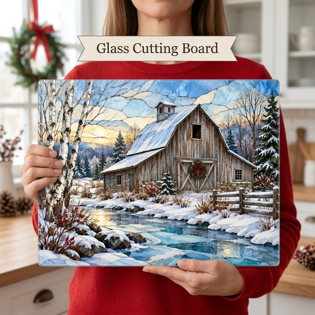 Country Winter Barn Glass Cutting Board, Snowy Farmhouse Kitchen Decor, Rustic Christmas Gift, Winter Barn Kitchen Board