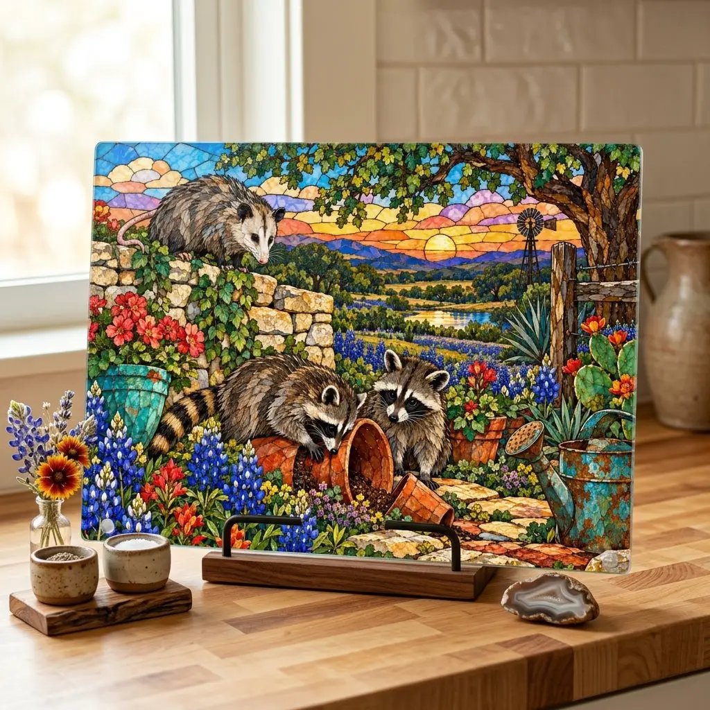 Mischief Opossum Glass Cutting Board, Texas Wildlife Kitchen Decor, Bluebonnet Possum Art, Funny Country Kitchen Gift, Texas Gift