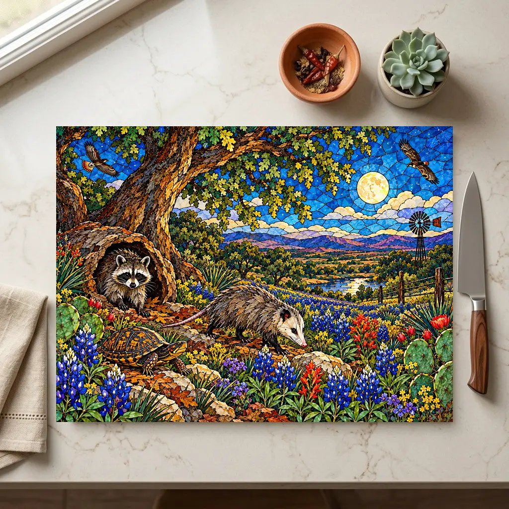 Raccoon and Possum Glass Cutting Board, Texas Wildlife Kitchen Decor, Opossum Raccoon Gift, Bluebonnet Country Cutting Board
