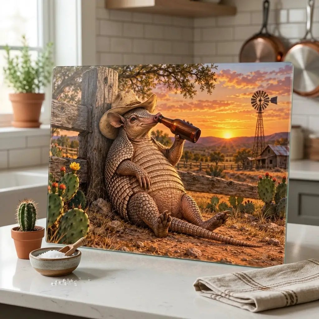 Funny Armadillo Glass Cutting Board, Texas Kitchen Decor, Cowboy Armadillo Gift, Western Kitchen Decor, Funny Texas Housewarming Gift
