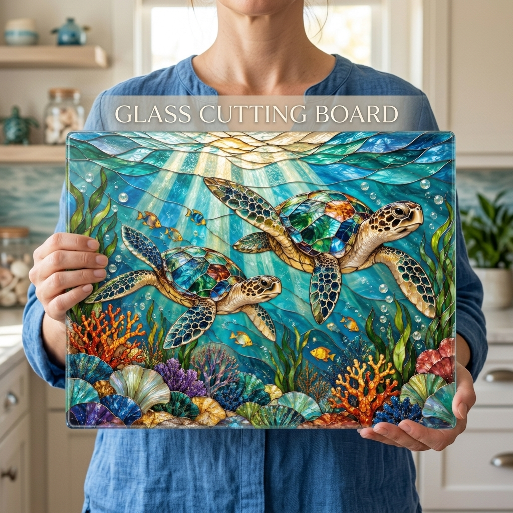 Sea Turtle Glass Cutting Board, Ocean Kitchen Decor, Coastal Chopping Board, Underwater Sea Life Gift, Marine Turtle Kitchen Art Piece