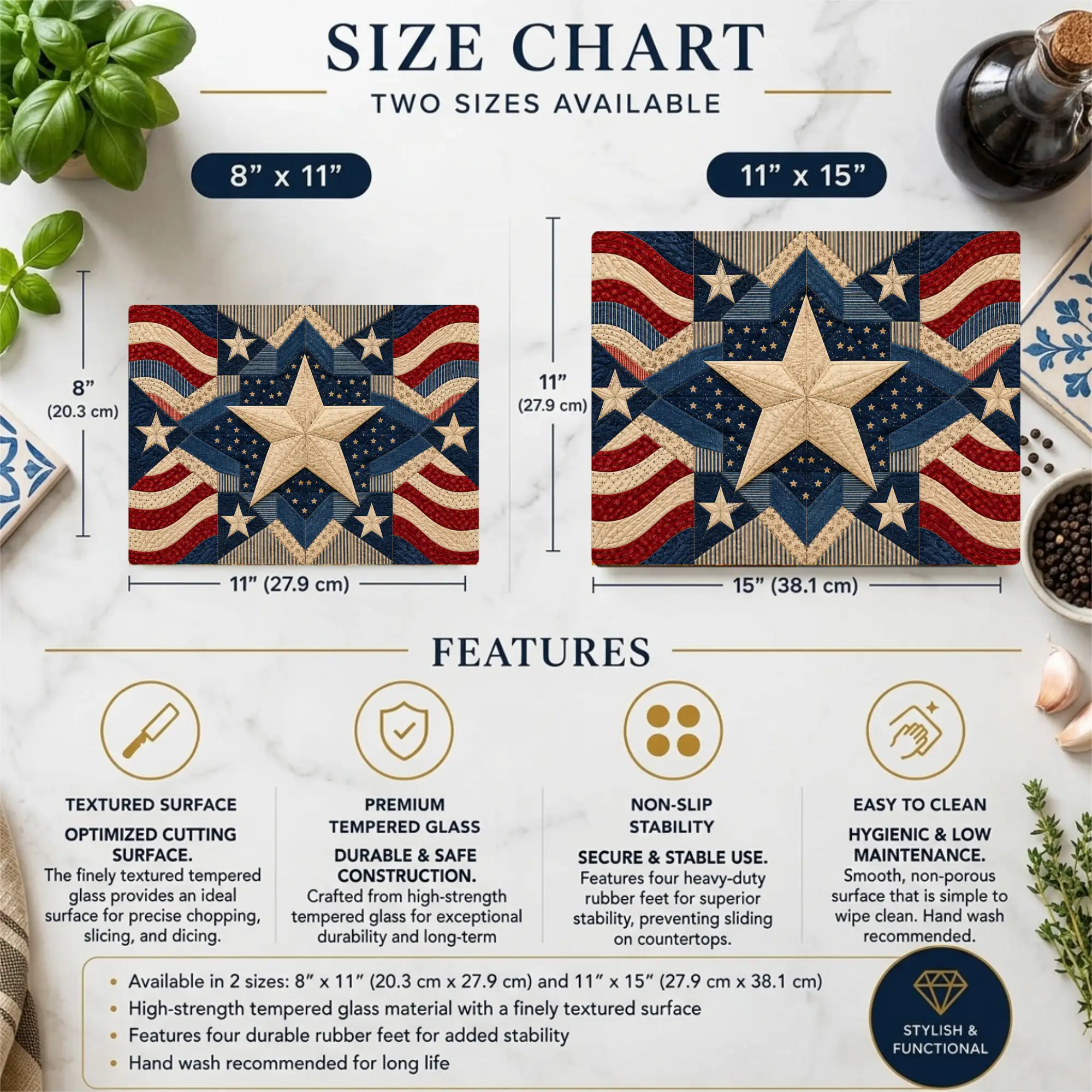 Patriotic Quilt Cutting Board, American Flag Glass Cutting Board, Americana Star Kitchen Decor, Quilter Gift, Red White Blue Decor