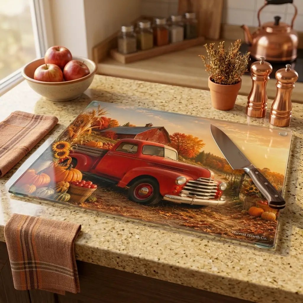 Fall Glass Cutting Board, Red Vintage Truck with Pumpkins and Sunflowers, Autumn Farmhouse Kitchen Decor, Harvest Gift