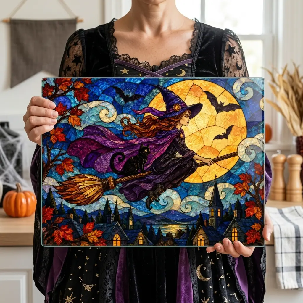 Halloween Flying Witch Personalized Glass Cutting Board, Spooky Pumpkin Kitchen Decor