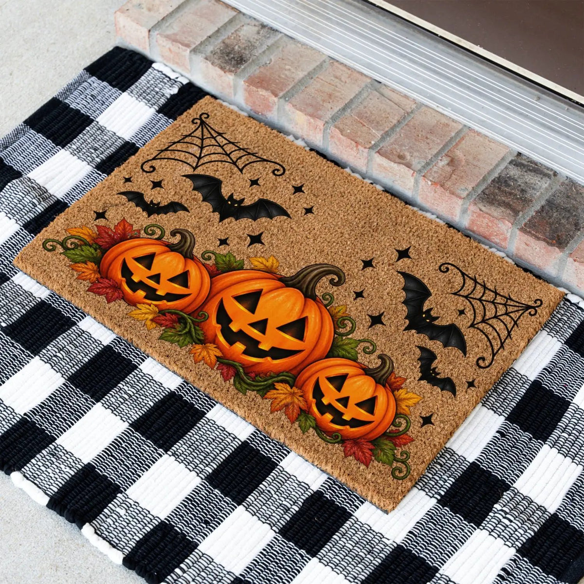 Halloween Pumpkin Doormat, Jack O Lantern Coir Welcome Mat, Fall Front Porch Decor, Spooky Bat Door Mat, Autumn Halloween Entryway