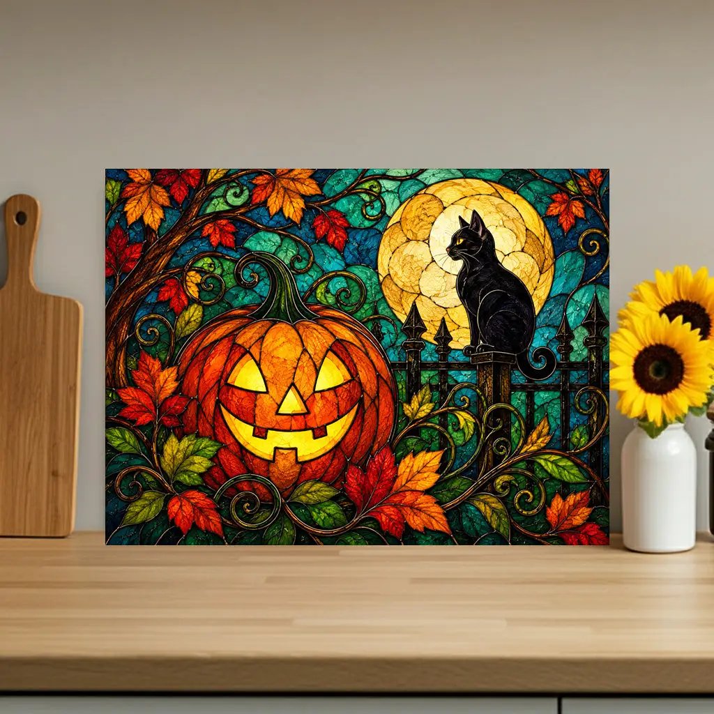 Halloween Black Cat and Jack-O-Lantern Personalized Glass Cutting Board, Spooky Pumpkin Kitchen Decor