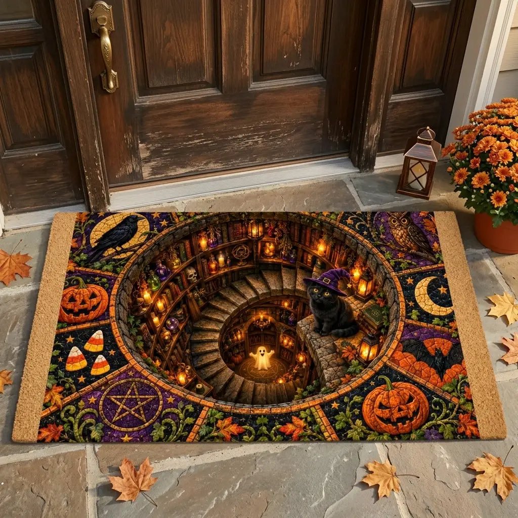 Black Cat 3D Halloween Doormat, Witchy Spiral Staircase Door Mat, Spooky Cat Welcome Mat, Pumpkin Halloween Porch Decor
